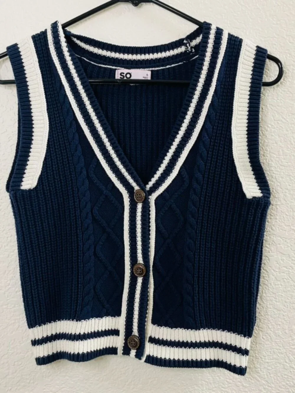 SO® Blue and White Cableknit Button Up Sweater Vest | Small - Picture 2 of 7